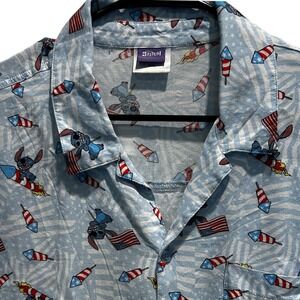 Disney Stitch Button Down Shirt XL Mens Blue Patriotic 4th of July Rayon Camp